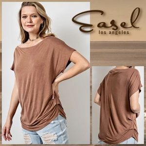 EASEL Ruched Sides Slouchy Short Dolman Sleeves Slinky Boat Neck Top Scooped Hem